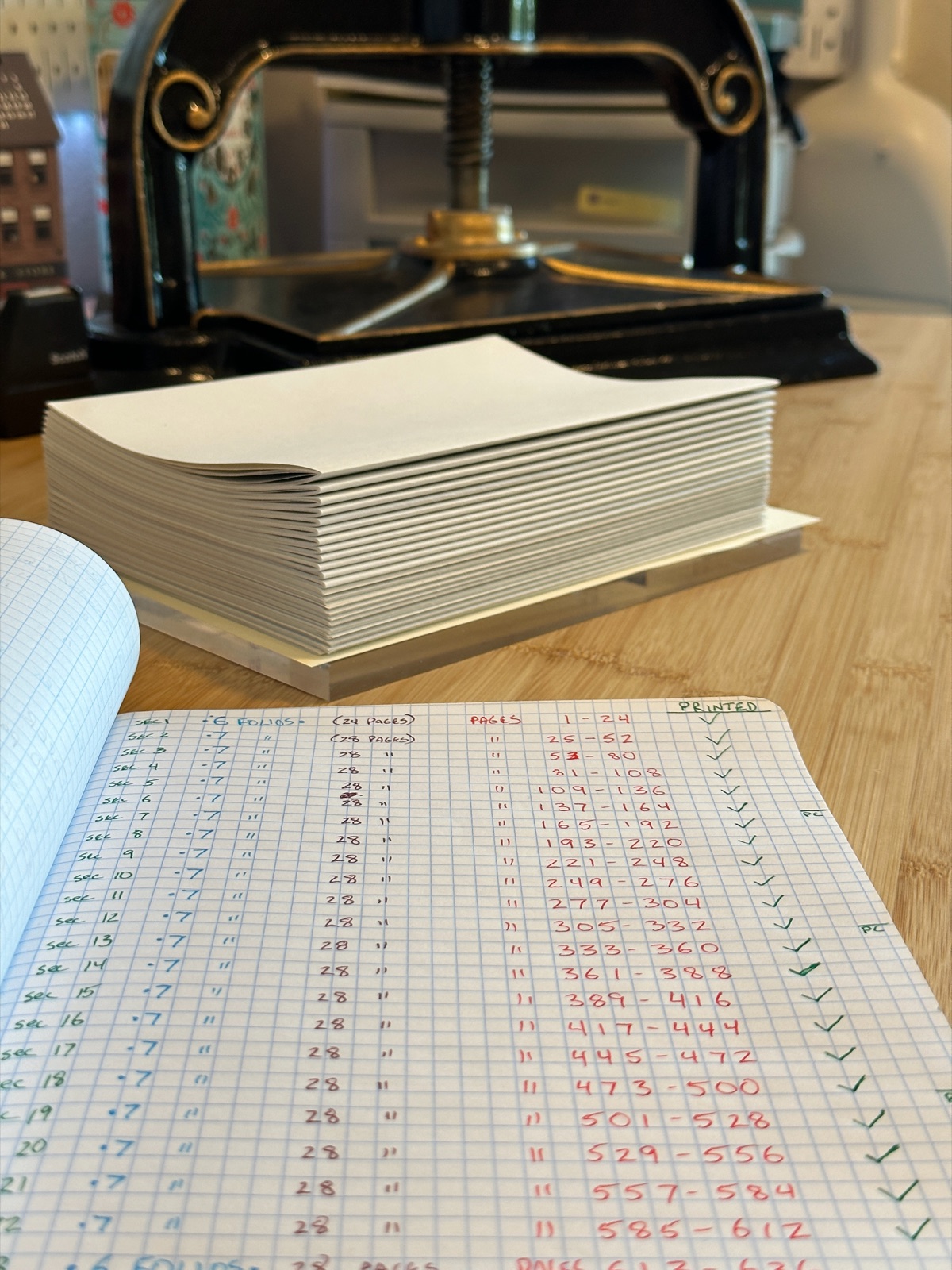 Stack of signatures with notes about collation in the foreground