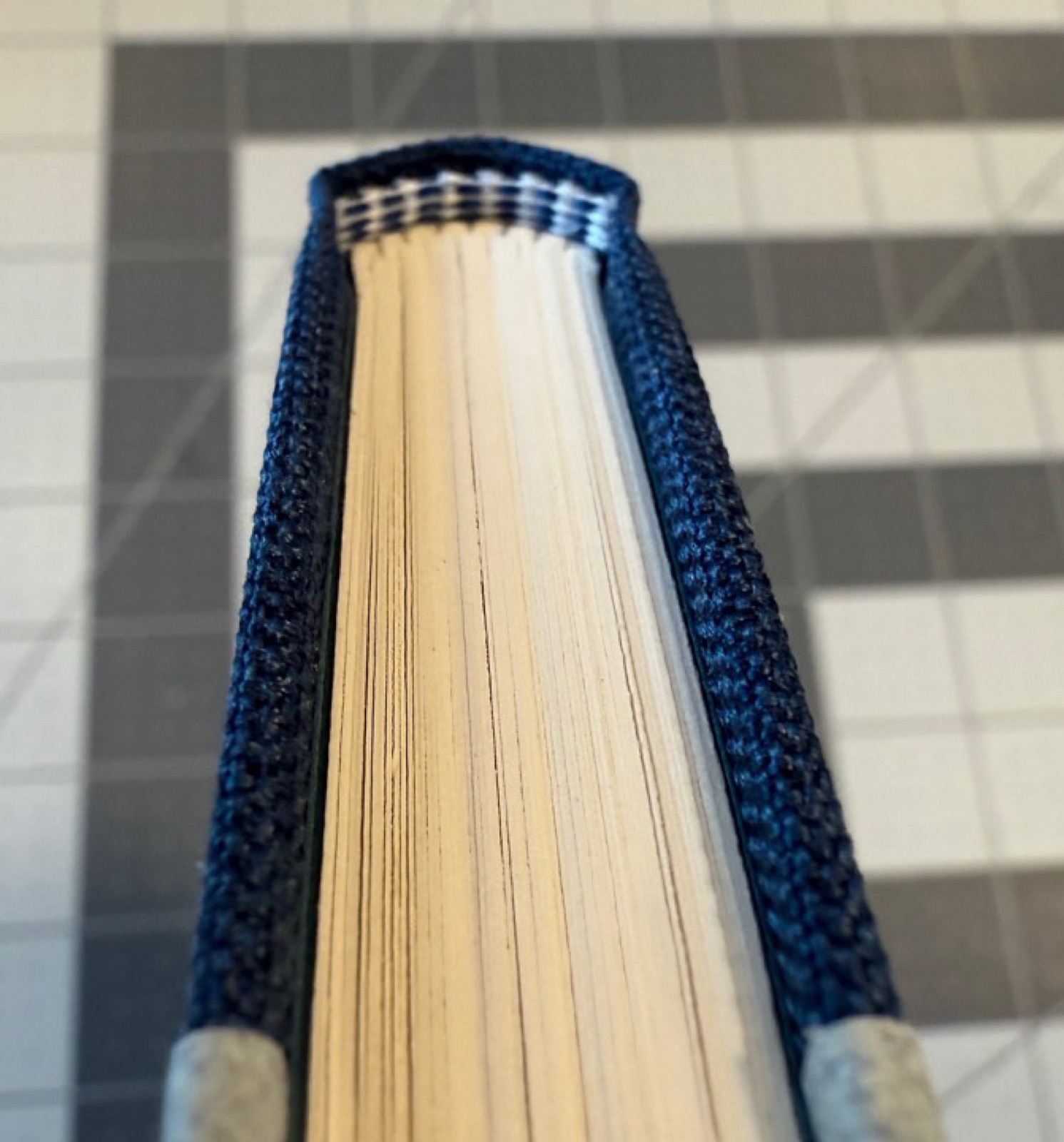 The top or head of a small book showing the blue textured cloth and the blue and white end bands