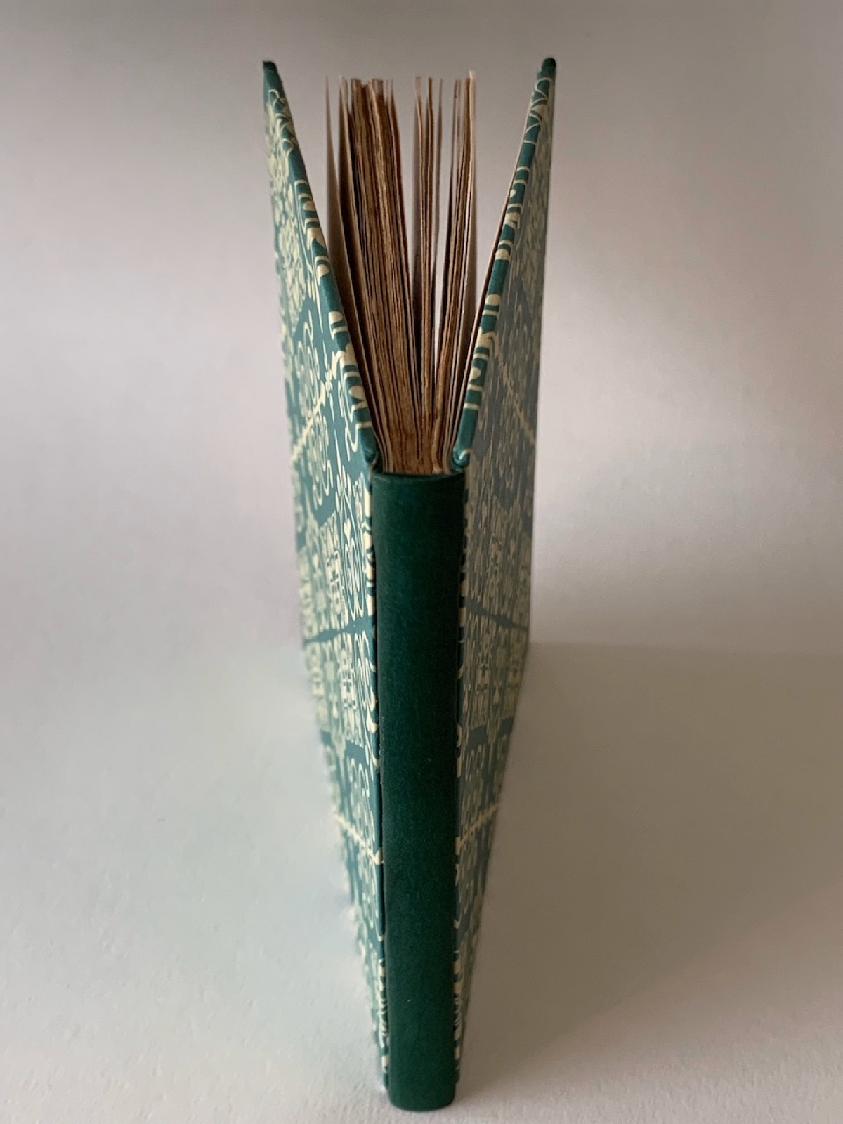 the completely rebound primer book with green spine leather and decorative paper standing on a table