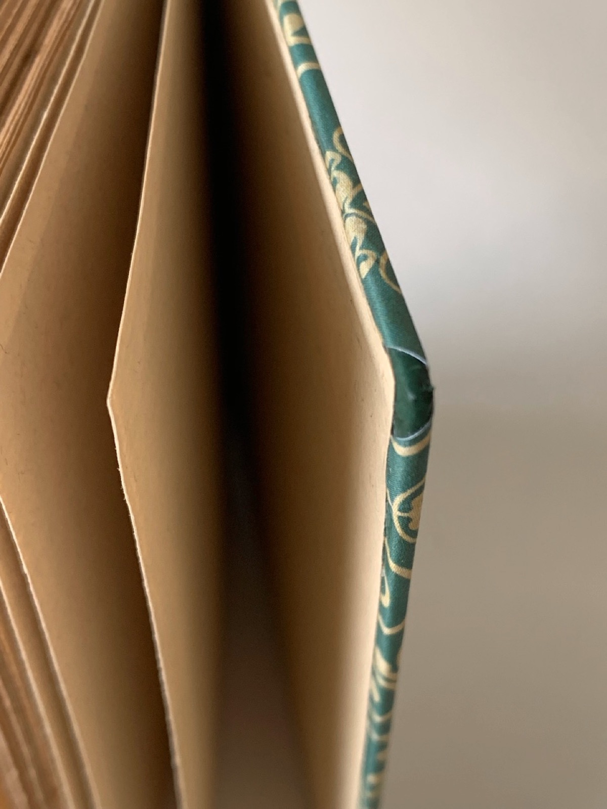 a close up of the green primer cover corners which have leather at the tips