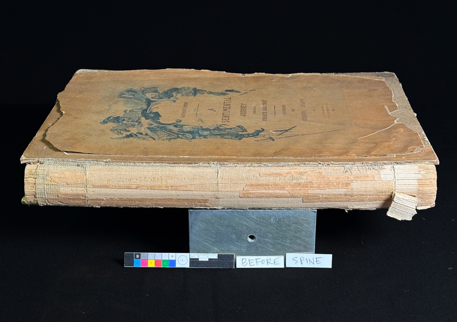 A Sentimental Journey before treatment: detached, heavily worn boards and a broken spine, photographed with a color calibration target.