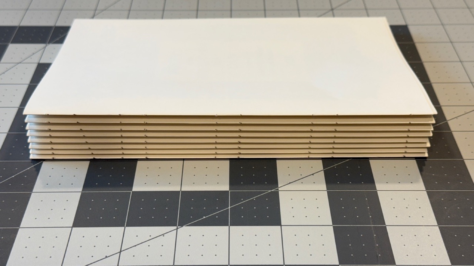 A stack of folded sections or signatures of paper.
