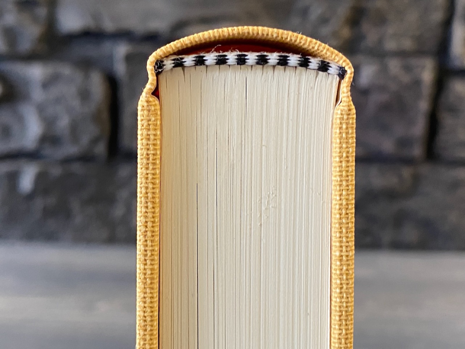 Macro view of striped sewn endbands over the rounded spine.
