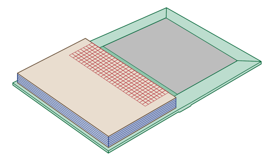 Line drawing: the sewn text block set into the case during casing in.