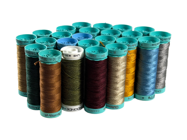 Spools of colored silk thread.
