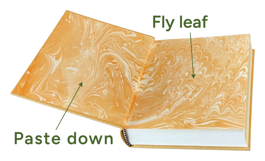 An open book showing the flyleaf and pastedown at a marbled endpaper.