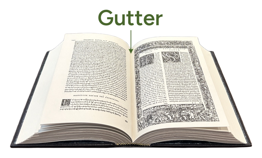 An open book showing the gutter where the facing pages meet at the spine.