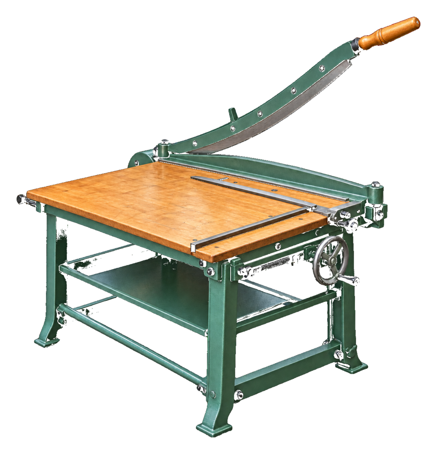 A large board shears (guillotine) for cutting board and paper square.